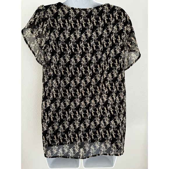 Kaileigh women black Tan Floral Short Sleeve Blouse Keyhole Neck Office Career M - Picture 4 of 8